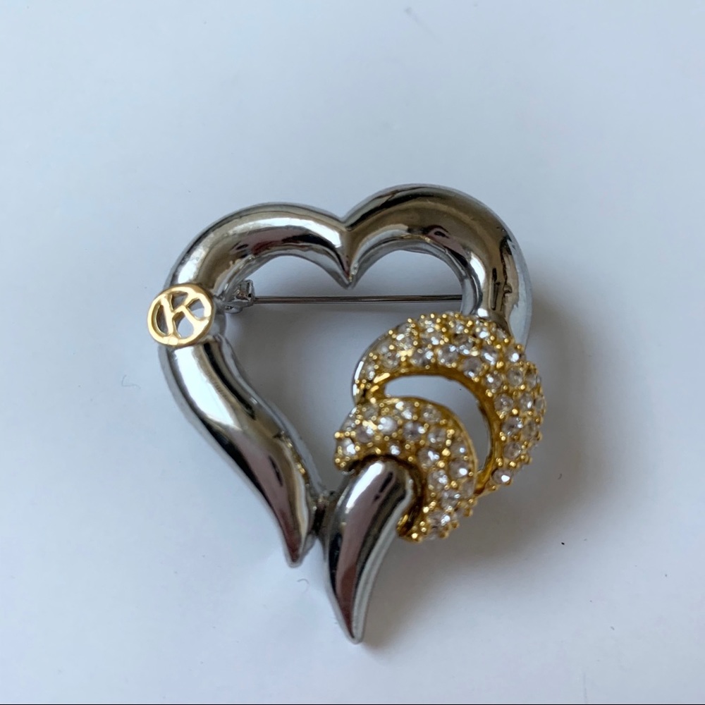 Vintage Silver Heart Brooch with Gold Accents Silver Cubic Zirconias
